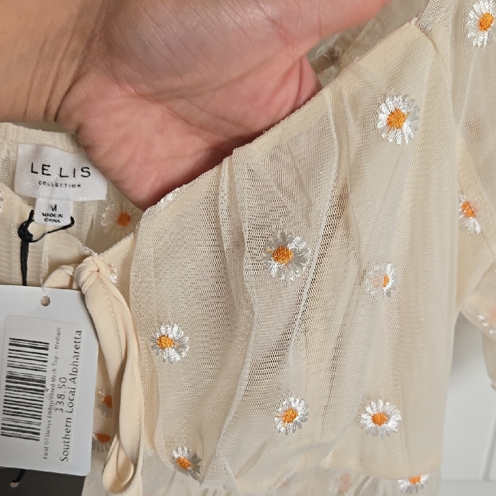 Le Lis Butter Yellow Puff Sleeve Daisy Embroidered Crop Top Off-Shoulder Sheer - Picture 7 of 7